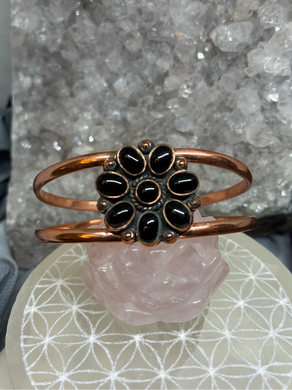Copper Black Onyx Flower Cuff Bracelet